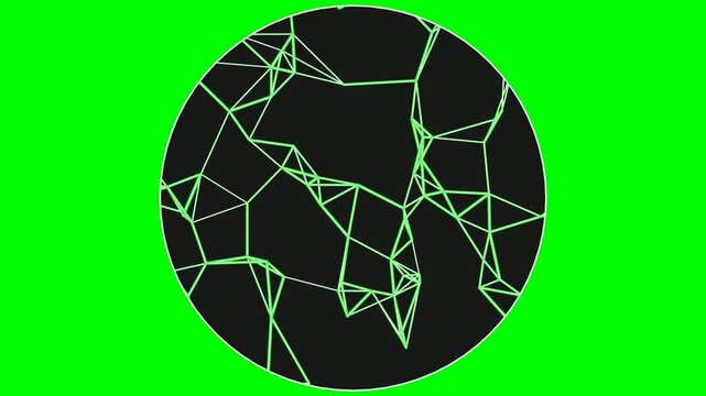 Abstract network of glowing green lines forming a complex geometric structure within a dark circle against a vibrant green background.