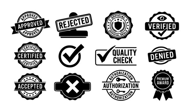 Approved rejected and official seal vector bundle with certification badges ribbons and stars