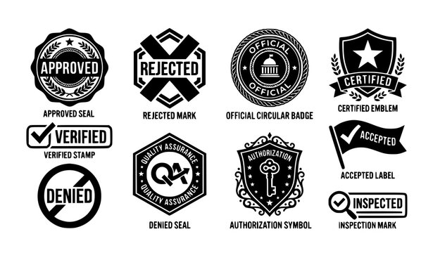 Official approval and certification badge collection with rejected stamps seals ribbons and star emblems
