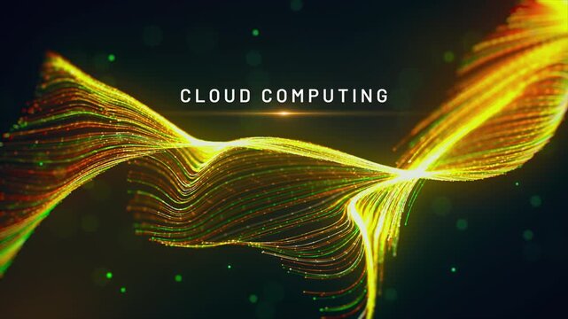 Futuristic animation featuring glowing golden particle waves, flowing dotted strands, smooth turbulence, cinematic flare, cloud computing text reveal, reverse particle motion, and seamless loop.