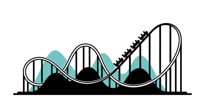 Roller coaster track with cars against teal hills a graphic vector silhouette rollercoaster ride amusement park fun
