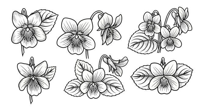 Set of Hand Drawn Violet Flowers Botanical Illustration