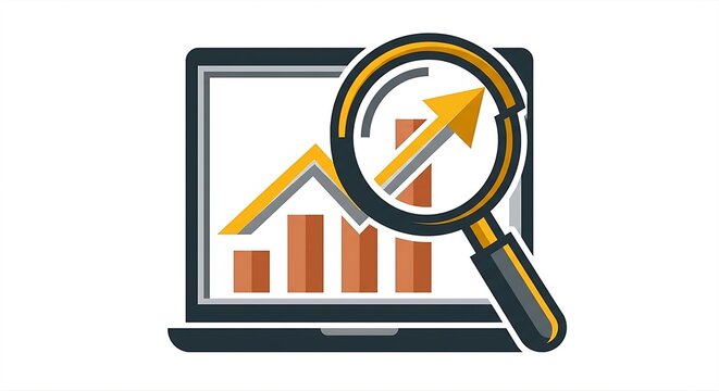Q3 financial review and performance analytics icon featuring a modern laptop screen with a magnifying glass focusing on a rising bar chart and growth arrow, flat 2.5D business tech illustra