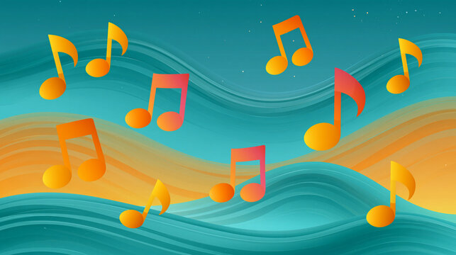 Bright music notes float above flowing blue and orange waves, creating a cheerful, rhythmic landscape under a teal sky.