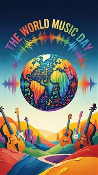 Colorful illustration of Earth with musical notes surrounded by guitars and instruments for World Music Day. Creative concept for global concert, melody celebration and artistic festival.