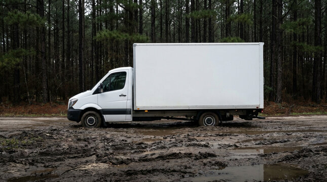 White delivery truck stuck in muddy forest road with tall pine trees in background, showing challenging off road conditions