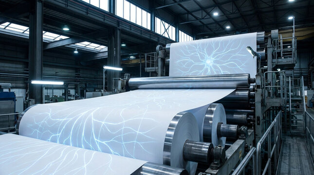 Paper production machine with large rolls of white paper in industrial factory environment with modern lighting and metal structures