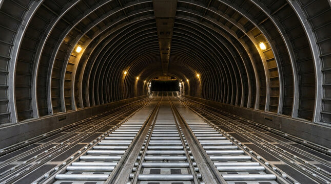 Futuristic metallic tunnel with parallel tracks and warm lighting creating symmetrical and industrial atmosphere