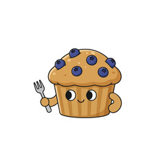 A cute vector illustration of a friendly blueberry muffin character with a small smile, holding a silver fork against a plain white background.