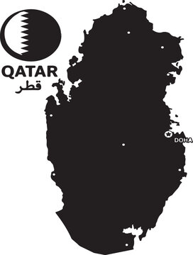 Black silhouette map of qatar with the national flag and doha city mark