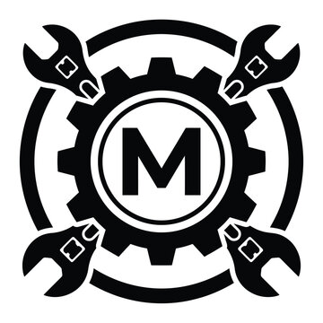Mechanical engineering logo with gears wrenches and initial 'm'
