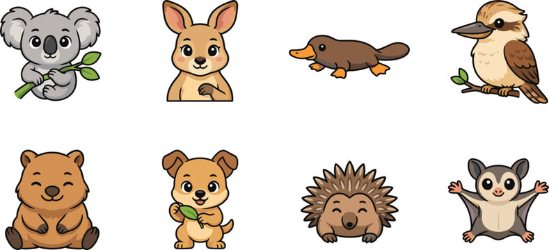 Cute Australian animals cartoon character sticker set featuring koala kangaroo platypus kookaburra quokka dingo echidna and sugar glider vector