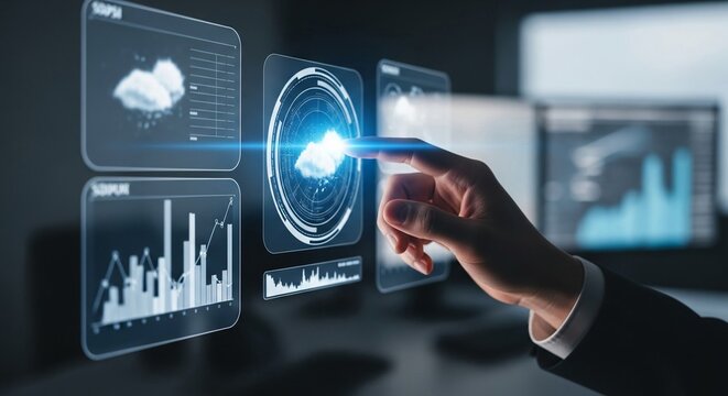 Human hand interacting with futuristic holographic digital interface displaying cloud data and analytics charts