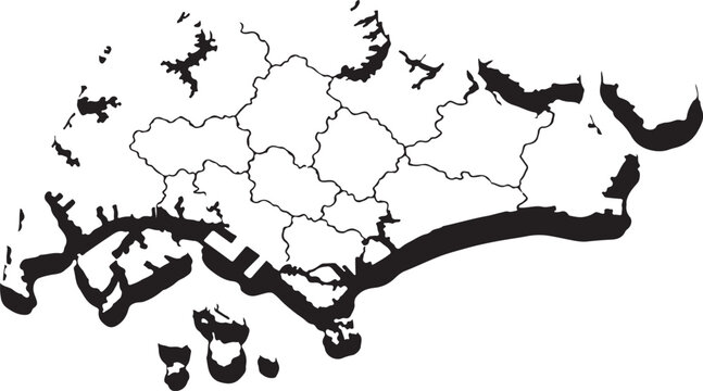 Simple map of singapore with district borders in black and white