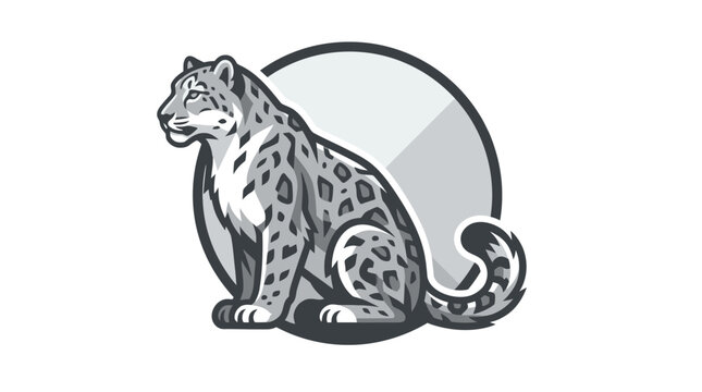 Stylized snow leopard sitting in front of circular graphic element