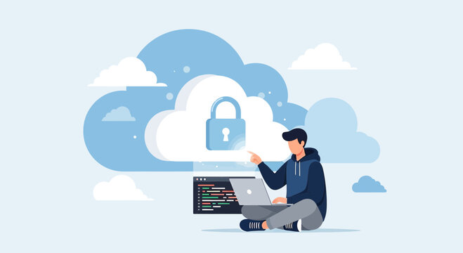 Cloud Security: Person with Laptop & Padlock Icon in Sky