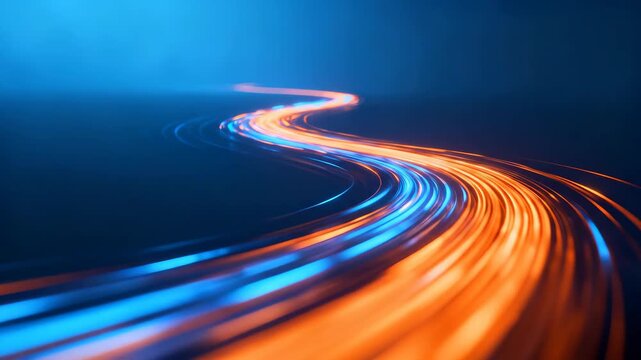 Abstract light trails evoking speed, motion, and the concept of a digital highway or data stream flowing into the future