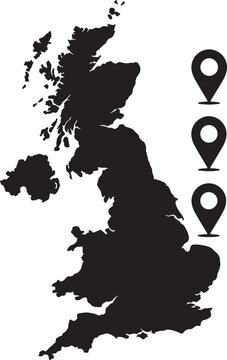 Black silhouette map of united kingdom with three location pins