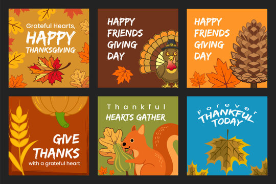 Grateful Hearts Happy Thanksgiving Social Media Templates Set with Turkey and Autumn Leaves