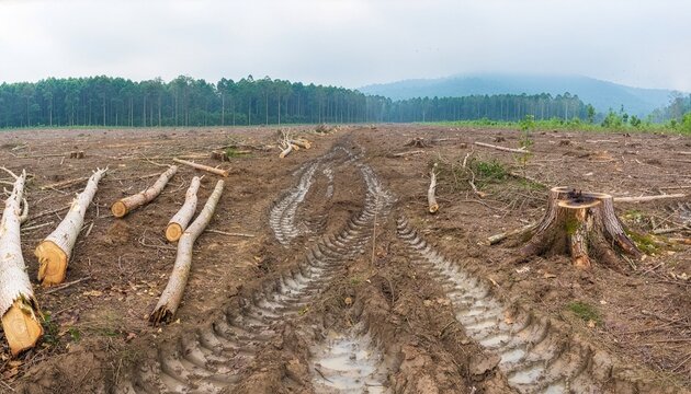 Panoramic view of deforested area with scattered tree trunks and remaining forest edges.