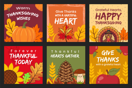 Warm Thanksgiving Wishes and Grateful Heart Post Templates Set with Pumpkins and Turkey