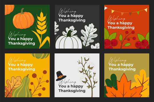 Wishing You a Happy Thanksgiving Post Templates Set with Pumpkins and Fall Foliage