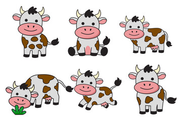 Fototapeta premium Collection of cute cow illustrations in playful poses including sitting, standing, walking, running, and grazing, vector illustration