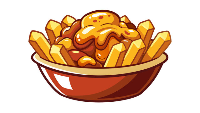 Poutine bowl vector illustration. Delicious Canadian fries with gravy and cheese curds.