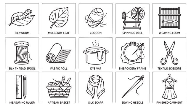 Silk production and textile manufacturing icons, 15 line art vector elements for fashion industry, silk weaving and sewing tools collection