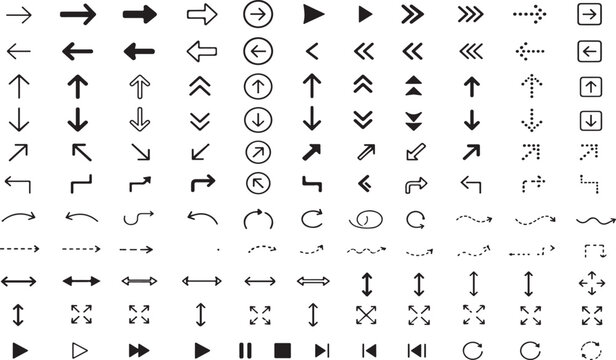 Collection of various black arrow icons and web interface direction symbols