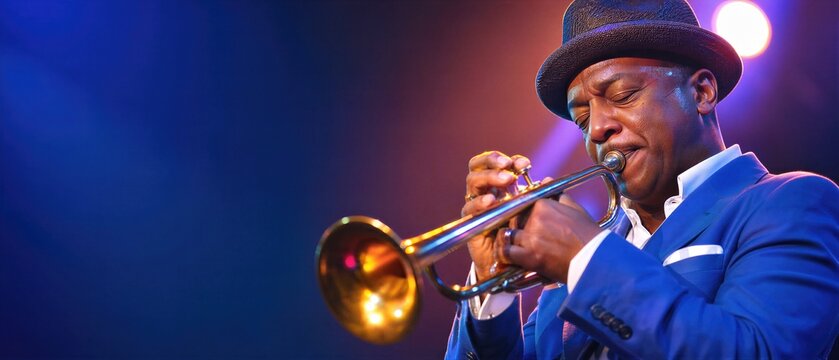 African american man trumpeter playing trumpet on stage during jazz festival. Professional musician in suit performing live music concert with blue stage light. Banner with copy space