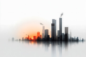 Obraz premium Minimalist city skyline with industrial elements at sunrise over water