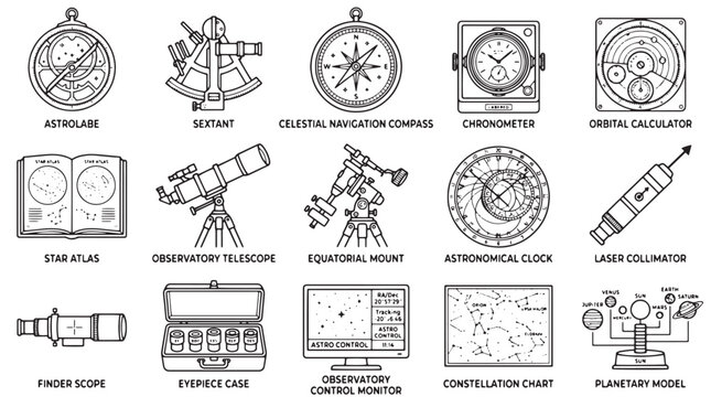 Vintage astronomy equipment icons set, 15 celestial navigation and observatory tools, black and white outline vector illustrations for science education