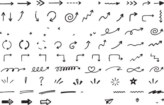 Collection of hand drawn doodle arrows and design elements