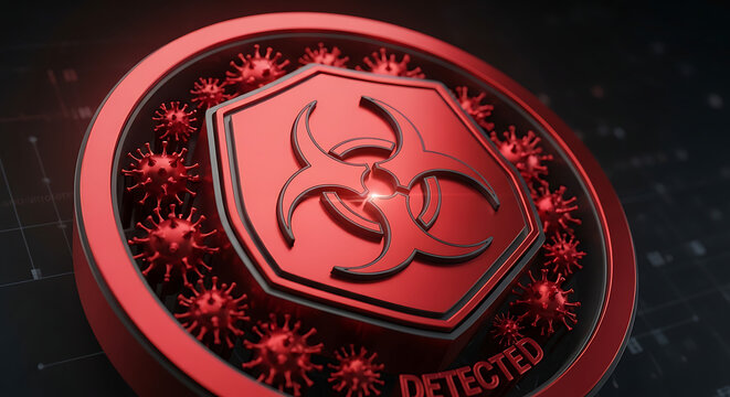 Close-up of a digital badge displaying detected malware alert with virus icon.