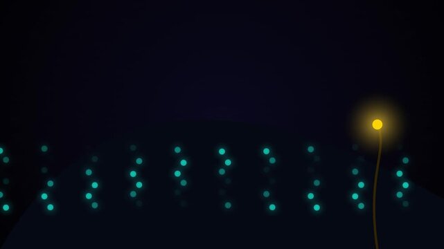 Glowing yellow light standing out from blue dots on dark background, conceptual animation.