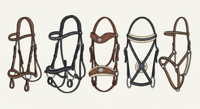 Collection of Elegant Horse Bridles in Various Styles.