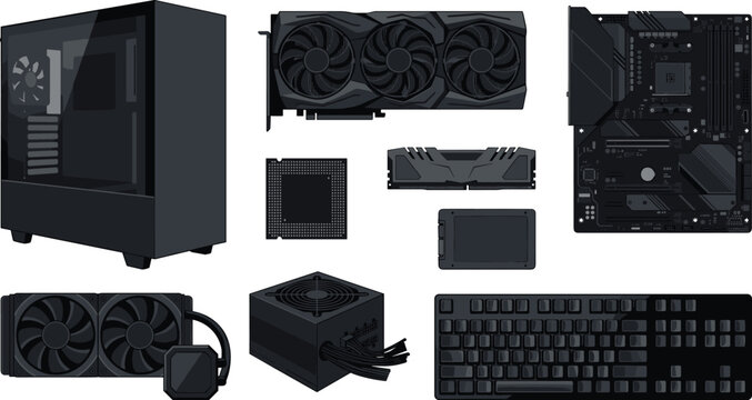 Gaming PC Hardware Components Vector Set with Desktop Case Motherboard Graphics Card CPU Liquid Cooler and Mechanical Keyboard
