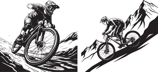 Mountain biker jumping over rocky trail in black and white © Sebika