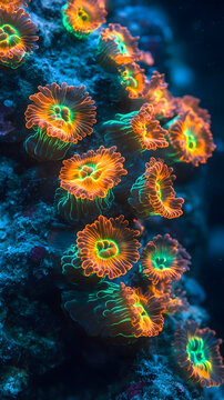 Zoanthid coral colonies display intricate orange and green patterns on a dark rocky reef submerged beneath the tropical ocean surface.