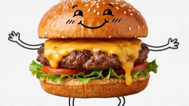 Happy dancing cheeseburger cartoon animation. Cute hamburger character with smiling doodle face jumping happily, motion graphic isolated on white background