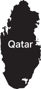 Black silhouette map of qatar country with white text label