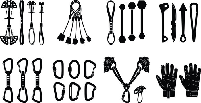 Black vector silhouettes of traditional rock climbing protection gear, carabiners, and mountaineering equipment