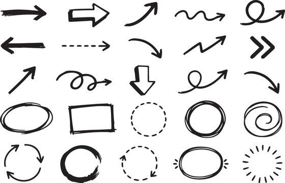 Set of hand drawn black arrows and circular shapes for design elements