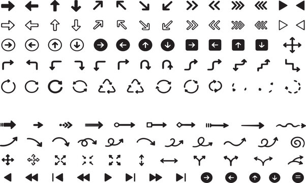 Set of various black arrow icons isolated on a white background