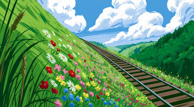 A serene landscape of railroad tracks through a vibrant field of wildflowers under a blue sky