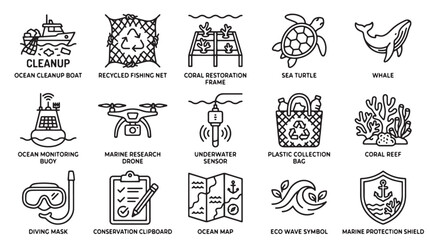 Ocean conservation line icons set, marine protection and sea cleanup vector elements, 15 environmental ecology symbols for sustainability © Rosie