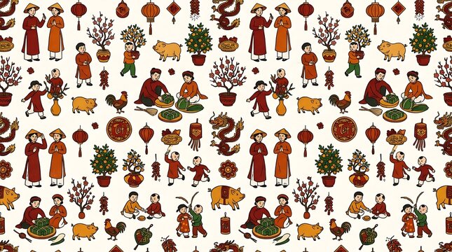 Vietnamese new year seamless pattern with people and traditions