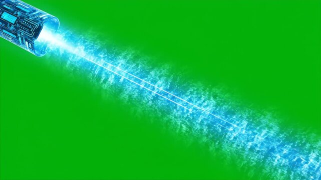 Futuristic Scanner Beam Sweeping Diagonally on Green Screen - A futuristic device emits a bright blue energy beam that sweeps diagonally across a vibrant green screen background.