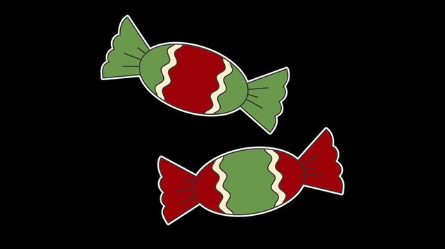 Seamless looping animation of two swaying red and green wrapped candies for sweet Christmas holiday treat concepts. Flat style sticker design element isolated on transparent alpha channel background